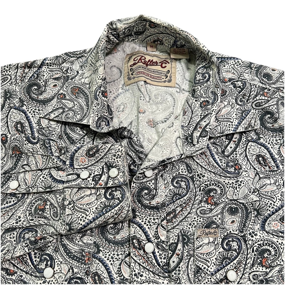 Rafter C Shirt Mens M Blue Multi Paisley Western Pearl‎ Snap Stretch Long Sleeve
